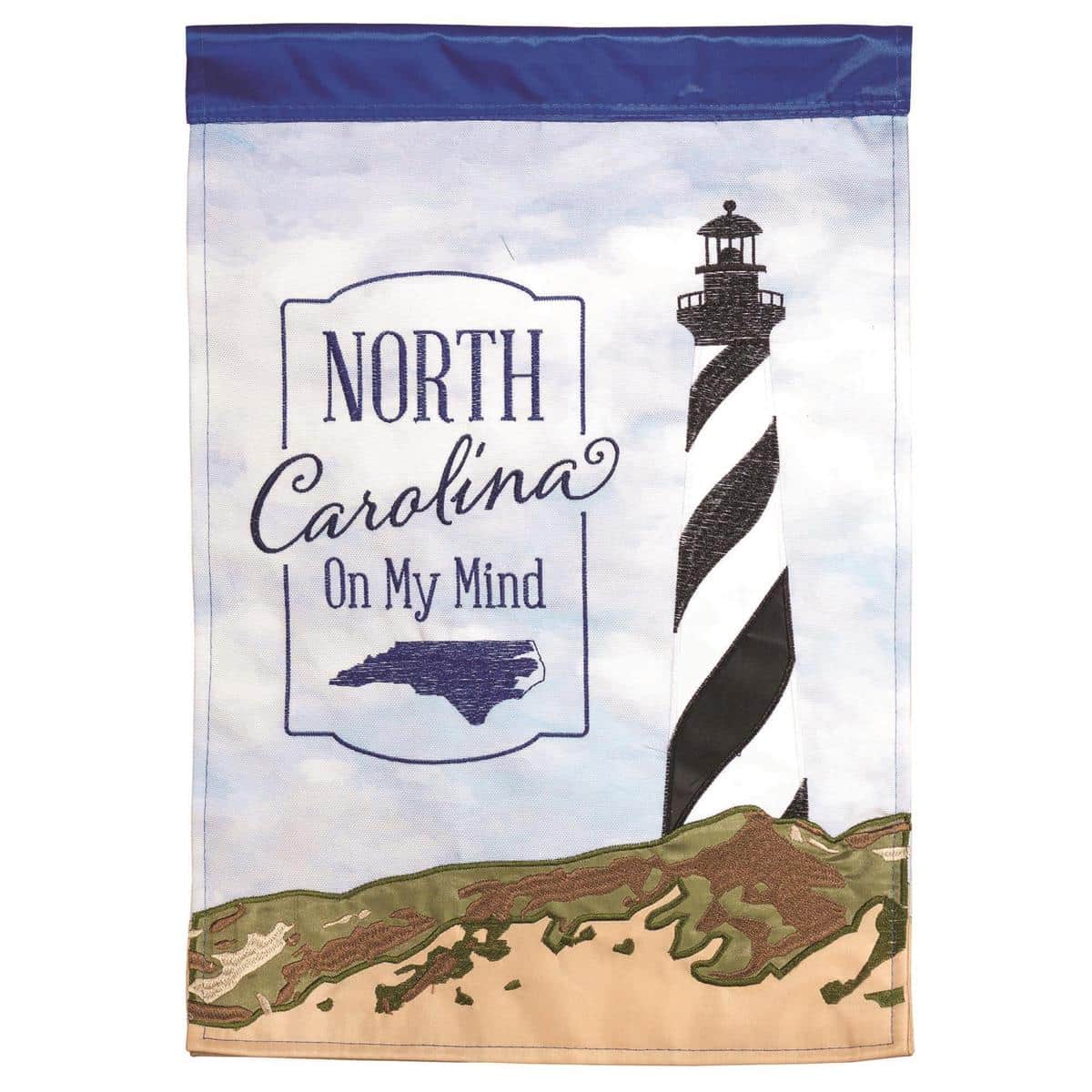 29x42 North Carolina lighthouse banner flag with double applique lighthouse motif, navy background, white lighthouse silhouette, and reinforced sleeve for garden pole display.