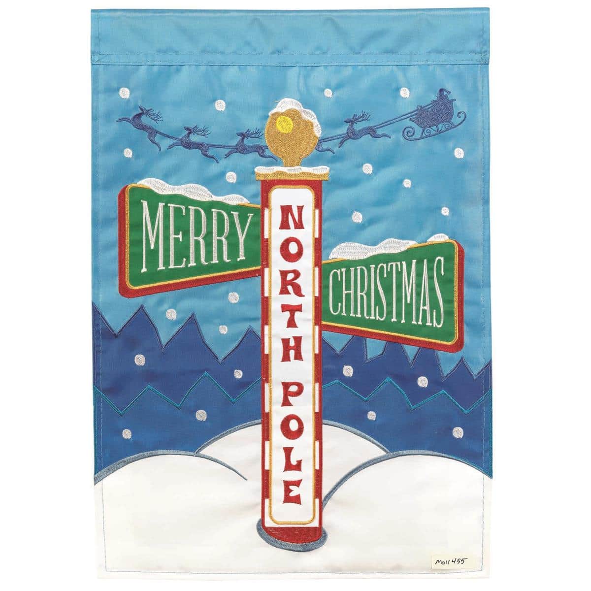 13x18 North Pole garden flag featuring Santa and North Pole sign in layered double applique with vibrant red and green polyester fabric for outdoor holiday displays