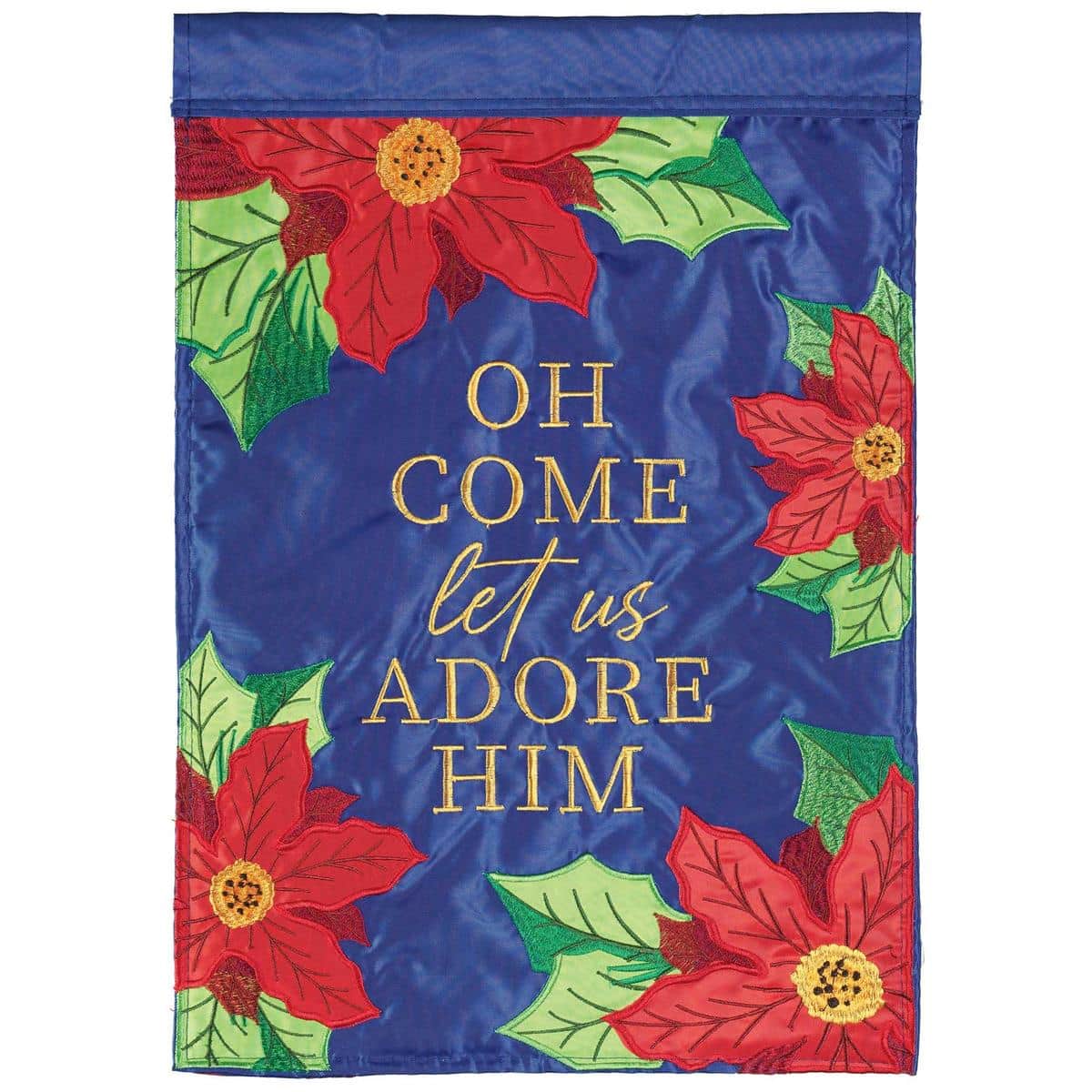 Double applique Oh Come Let Us Adore Him Christmas garden flag, 13 x 18 inches, two sided lettering, displayed on a yard stand near a front porch.