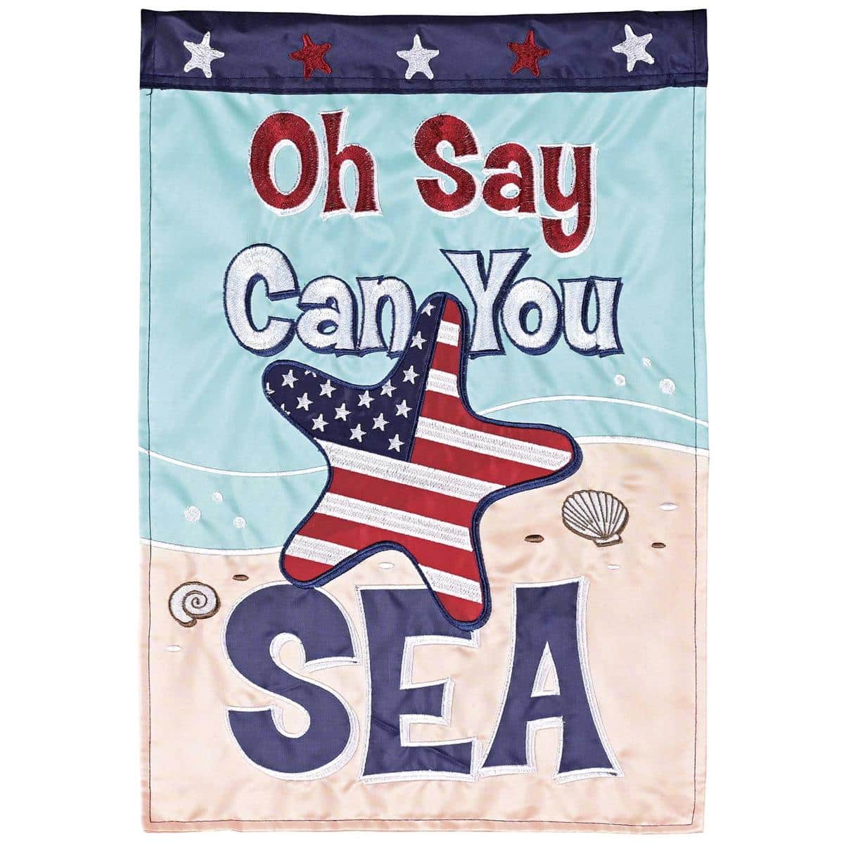 Main image of Oh Say Can You Sea double applique patriotic flag showing stars, stripes, anchor and wave appliques fluttering on a porch post