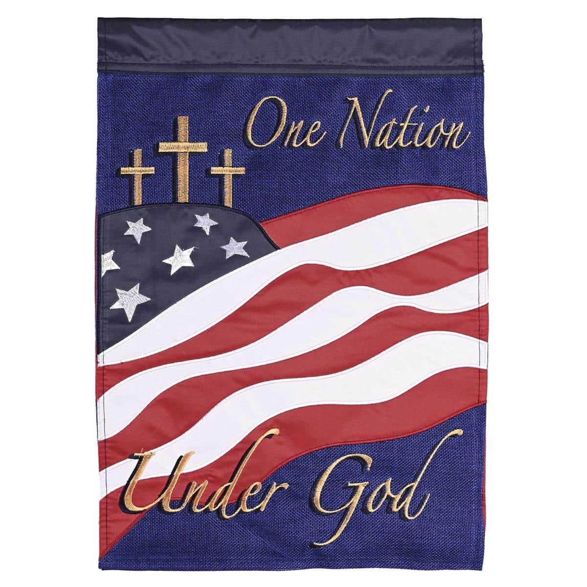 One Nation Under God Cross 13x18 double applique patriotic garden flag with embroidered cross and two-sided lettering displayed on a lawn flag stand