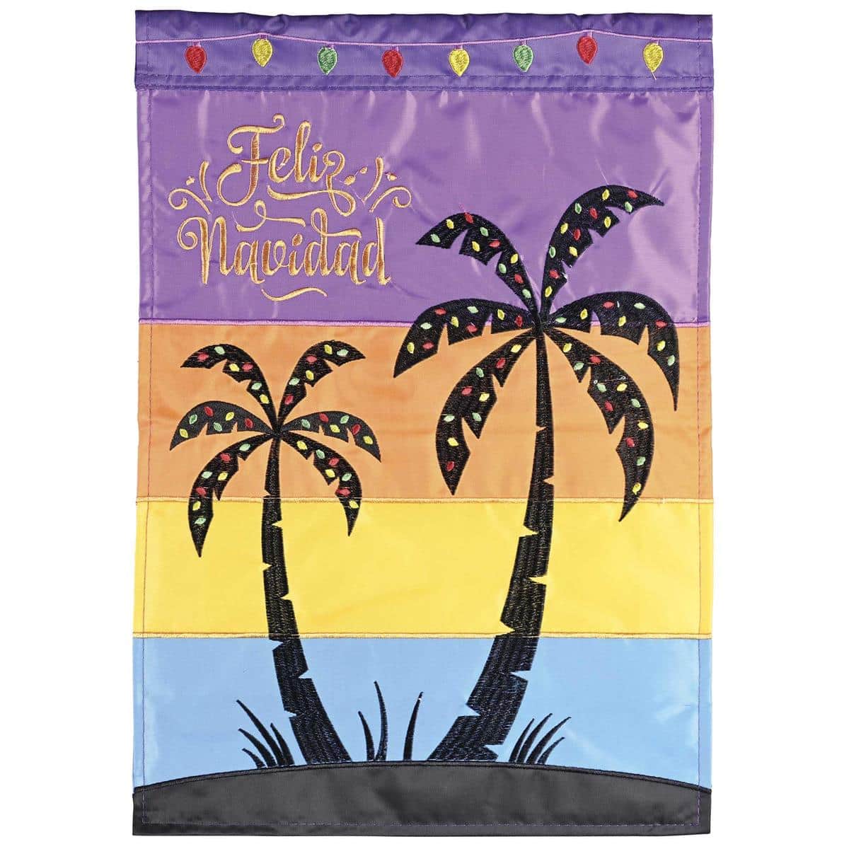 Tropical Palm Tree Feliz Navidad 13x18 double applique garden flag showing a palm silhouette and festive lettering for outdoor Christmas decor.