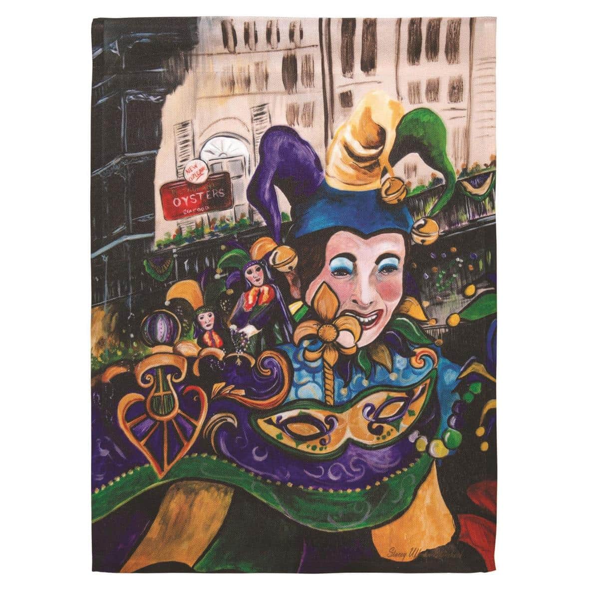 30x44 Parade Float Banner Flag with Mardi Gras masks, beads, and fleur-de-lis in purple, green, and gold, displayed on a house pole during a street parade.