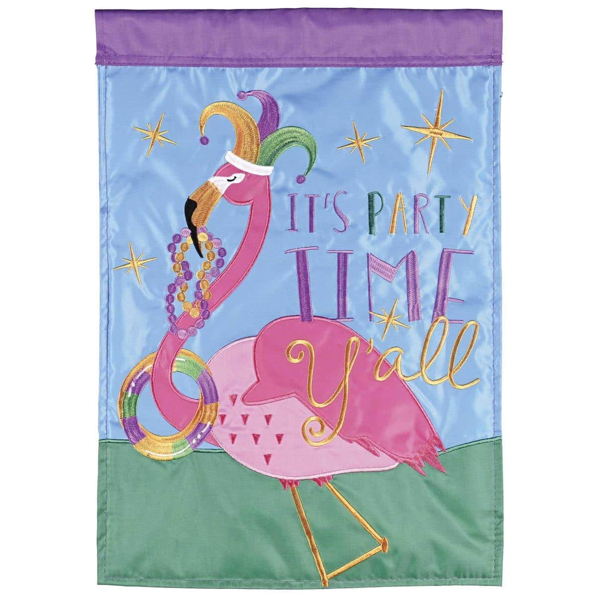 Vibrant Partytime Flamingo Mardi Gras flag with pink flamingo wearing beads, purple green and gold background patterns, double applique layers visible, perfect for porch, patio, or event display.