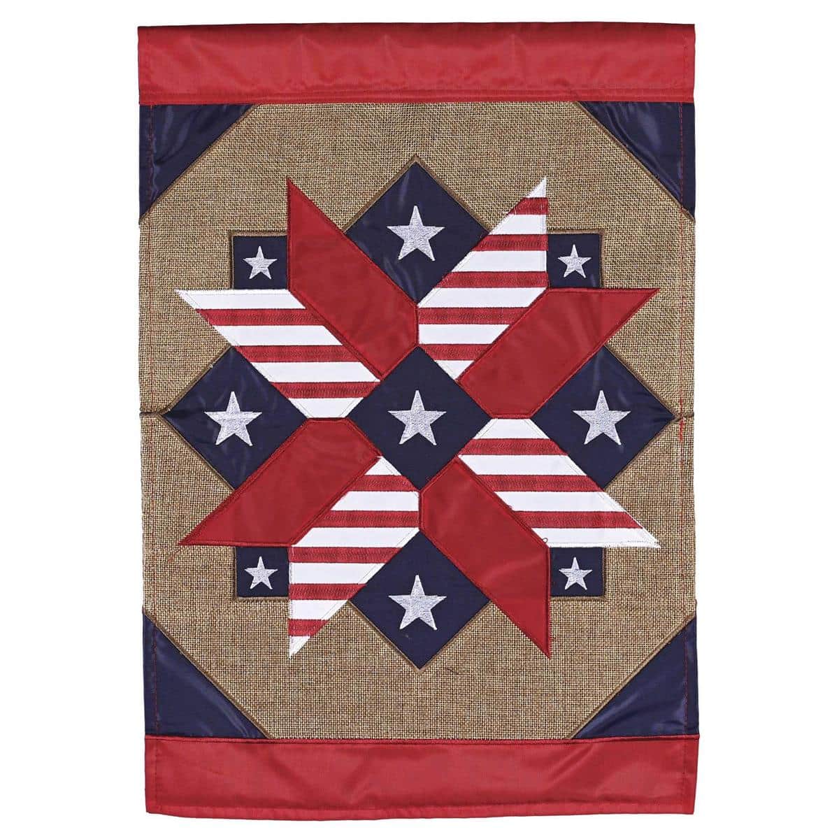 13x18 inch Patriotic Barn Star garden flag with double applique stars and rustic barn star motif in red, white, and blue, displayed on a porch flagpole.