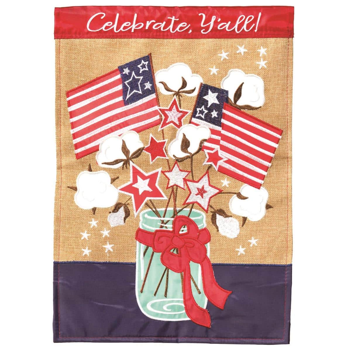 13x18 patriotic cotton garden flag with double applique jar design featuring stars and stripes for 4th of July porch or garden stand display
