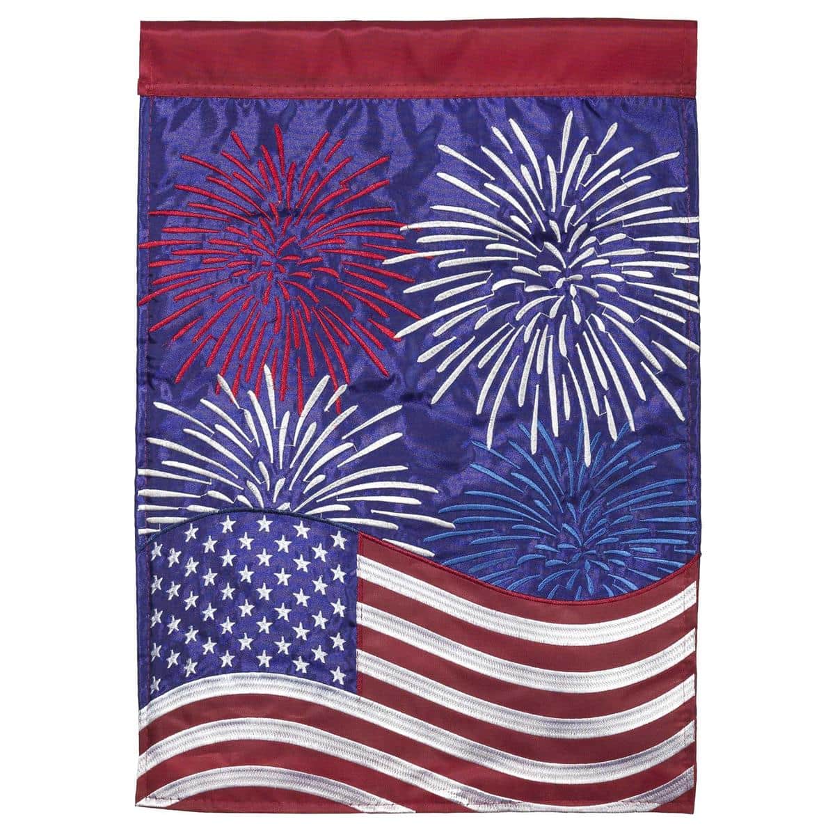 13x18 double applique garden flag with red white and blue fireworks, stars, and stripes for 4th of July porch or lawn display