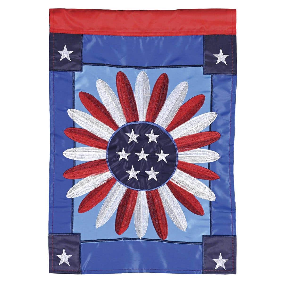 Small 13 by 18 inch garden flag with layered applique flowers and American stars in red white and blue, stitched edges and reinforced sleeve for porch or garden pole display.