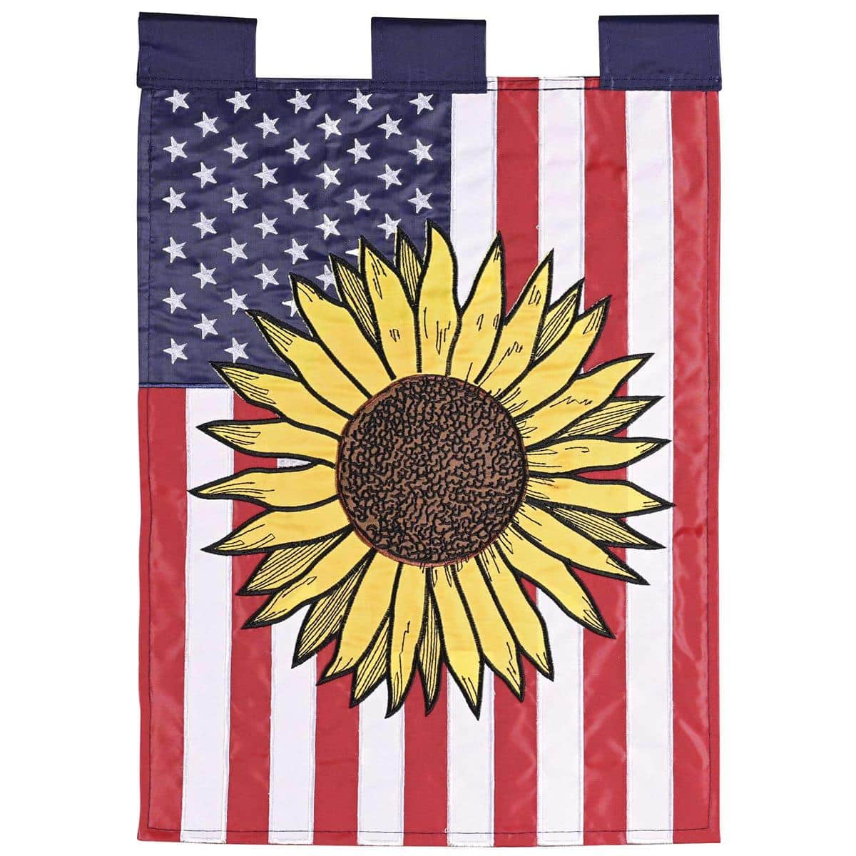 13x18 double applique garden flag showing patriotic sunflowers with stars and stripes in warm autumn colors for porch and garden display