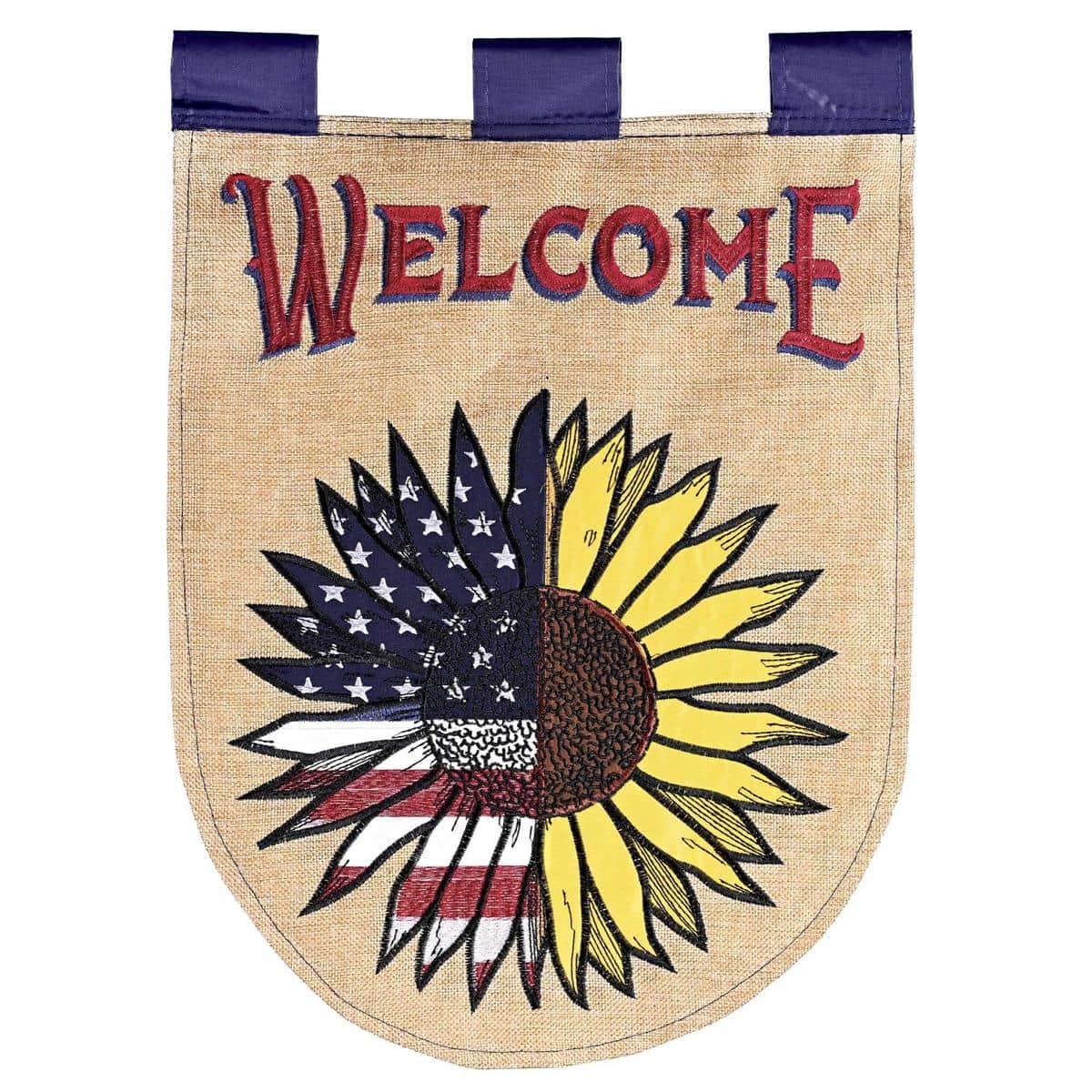 Patriotic Sunflower Welcome Banner flag with double applique showing bright sunflowers and subtle stars and stripes on a 29x42 inch banner.