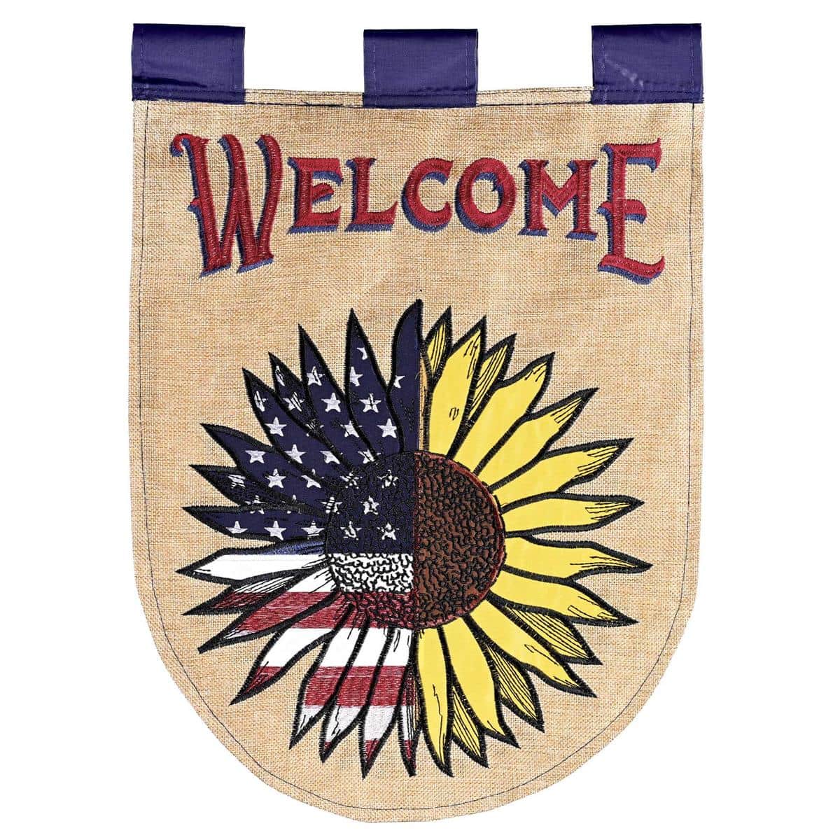 13x18 Patriotic Sunflower Welcome garden flag on a stand, double applique with two sided text, red white and blue accents, UV resistant outdoor fabric