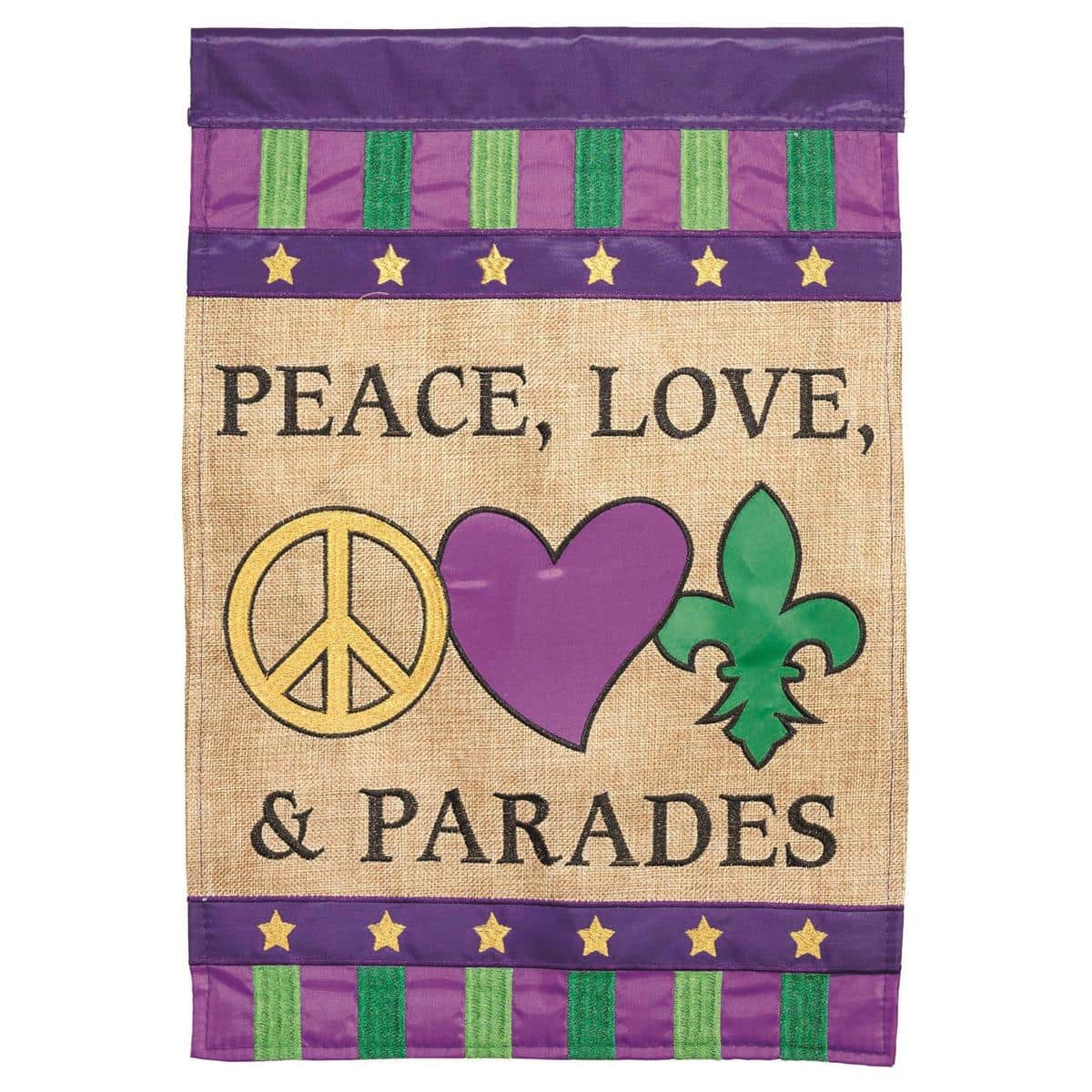13x18 Peace Love Parades burlap garden flag with double applique Mardi Gras peace love parades design in purple green gold for porch and garden display