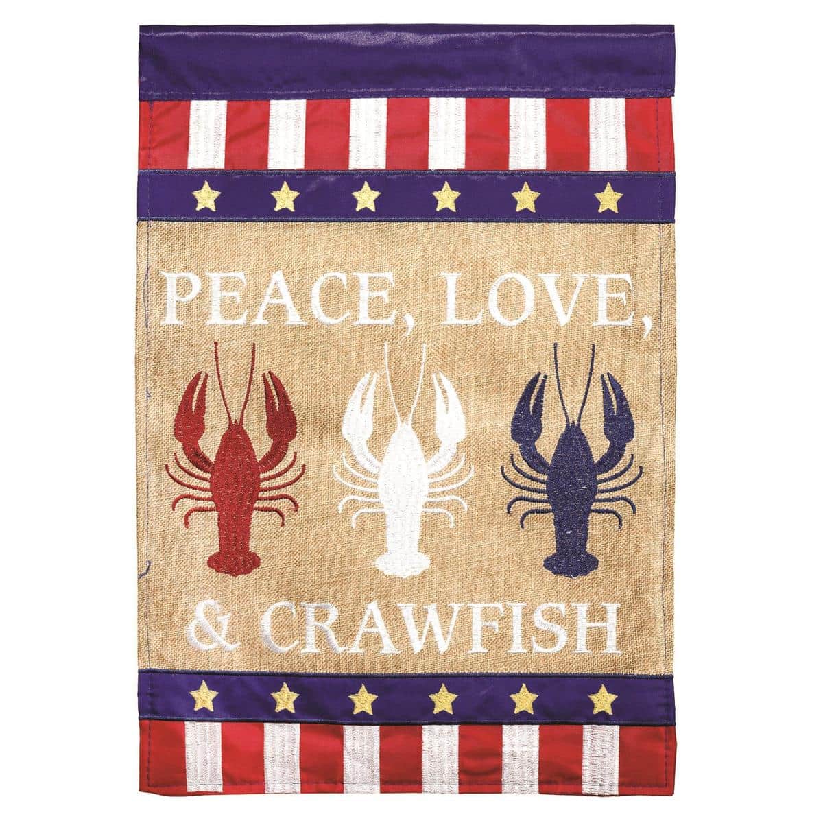 29 by 42 inch Peace Love & Crawfish burlap banner flag featuring double applique peace sign, heart, and crawfish motif in Louisiana patriotic colors for porch display.