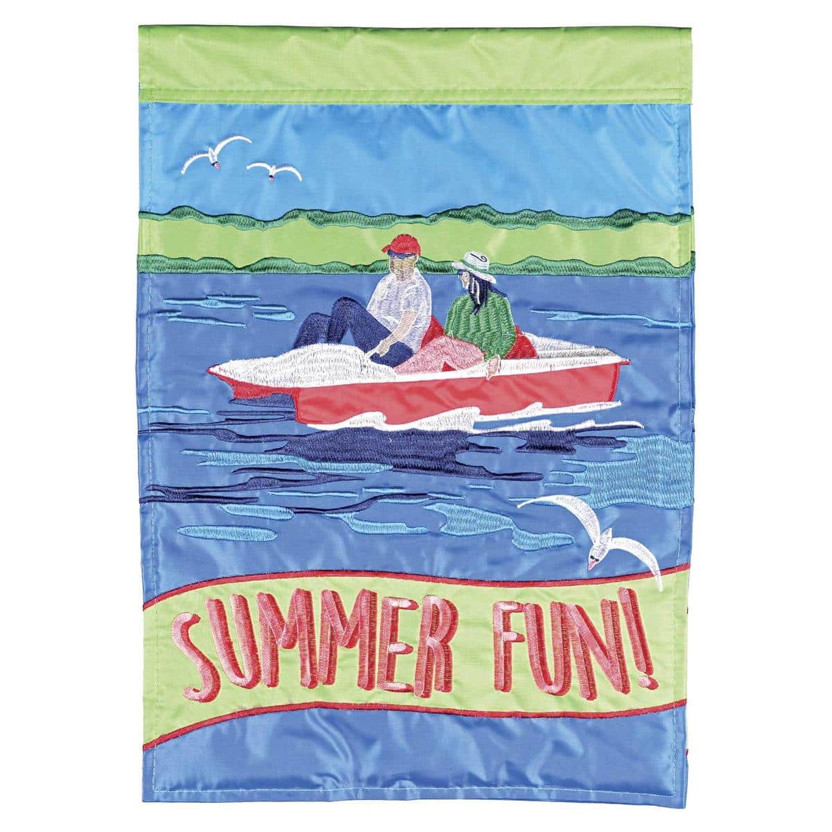 13x18 Pedal Boat Summer Fun garden flag with double applique pedal boat, bright sun, rippling water, and layered fabric textures ideal for summer porch or lake house display.