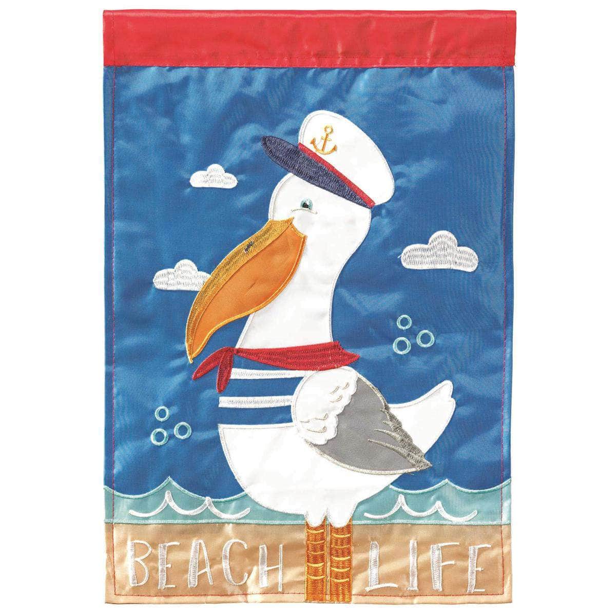 Pelican Beach Life banner flag with vibrant design, intricate embroidery, and durable construction for coastal outdoor decor.