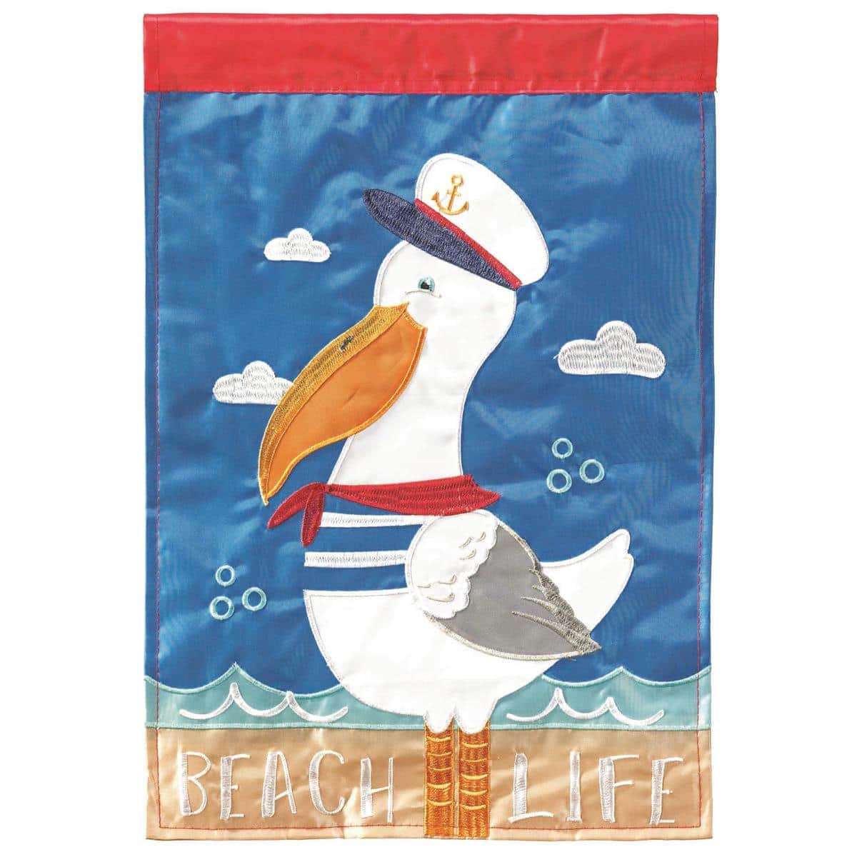 Pelican Beach Life 13x18 double applique garden flag featuring a pelican and seaside graphic on a small lawn flag displayed on a standard garden flag stand.