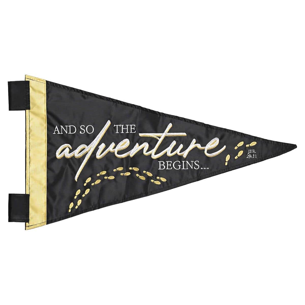 Triangular Adventure Begins graduation pennant with layered double applique design, bold lettering, and reinforced stitched edges shown hanging on a wall for party display.