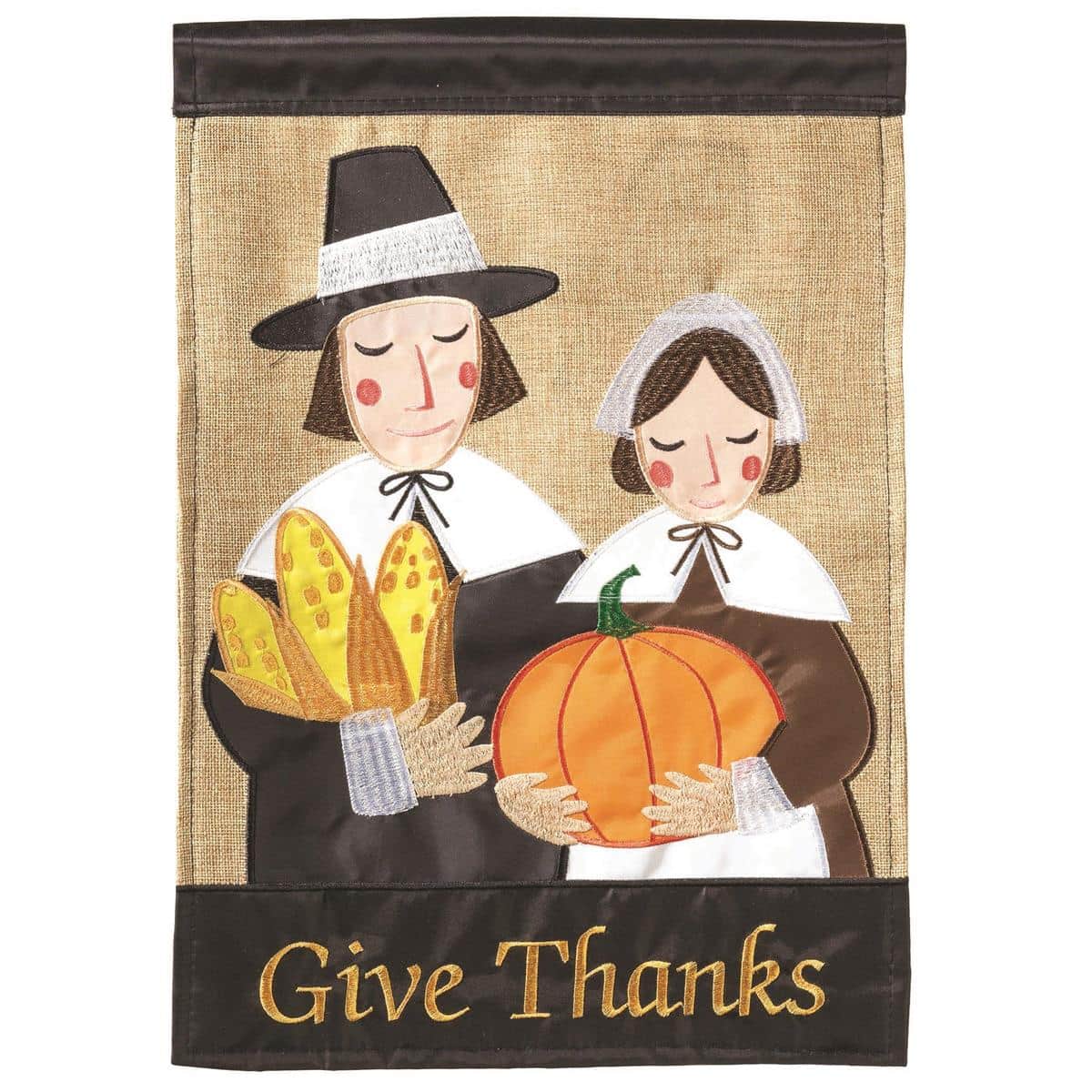 13x18 Pilgrims Give Thanks burlap garden flag showing layered Pilgrim hat, harvest pumpkin, fall leaves, and "Give Thanks" lettering in warm autumn palette with visible double applique texture.