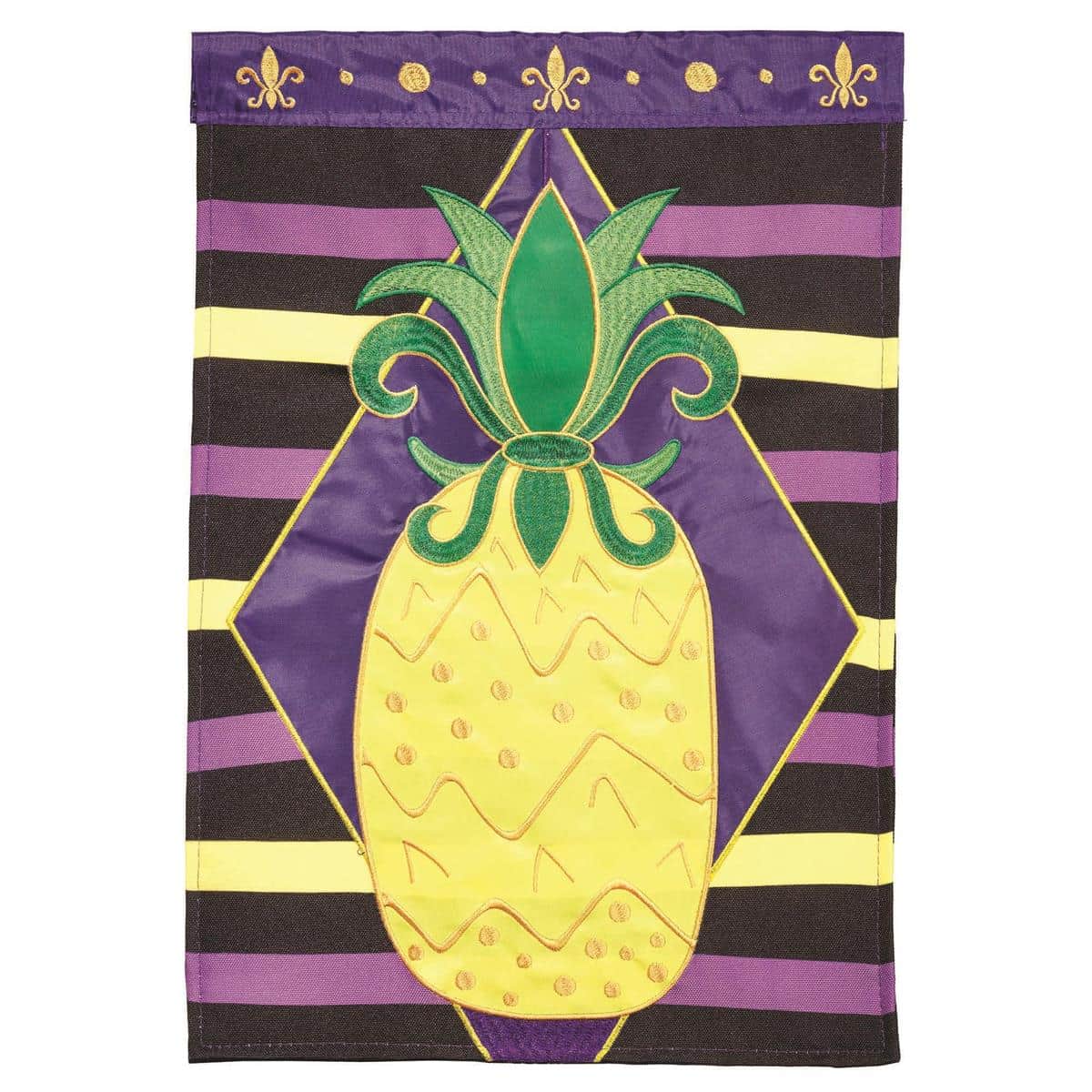 Double-applique pineapple and fleur-de-lis striped 13x18 garden flag, two-sided, layered embroidery, premium outdoor yard and porch decor.