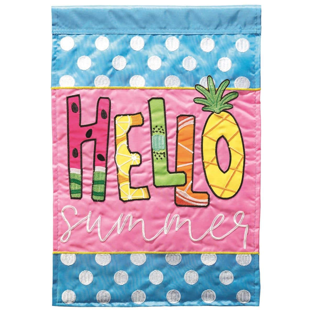 Front view of Pineapple Hello Summer 13x18 garden flag showing a bright yellow pineapple with green leaves, 'Hello Summer' appliqued lettering on a white background, visible double applique texture and reinforced sleeve.