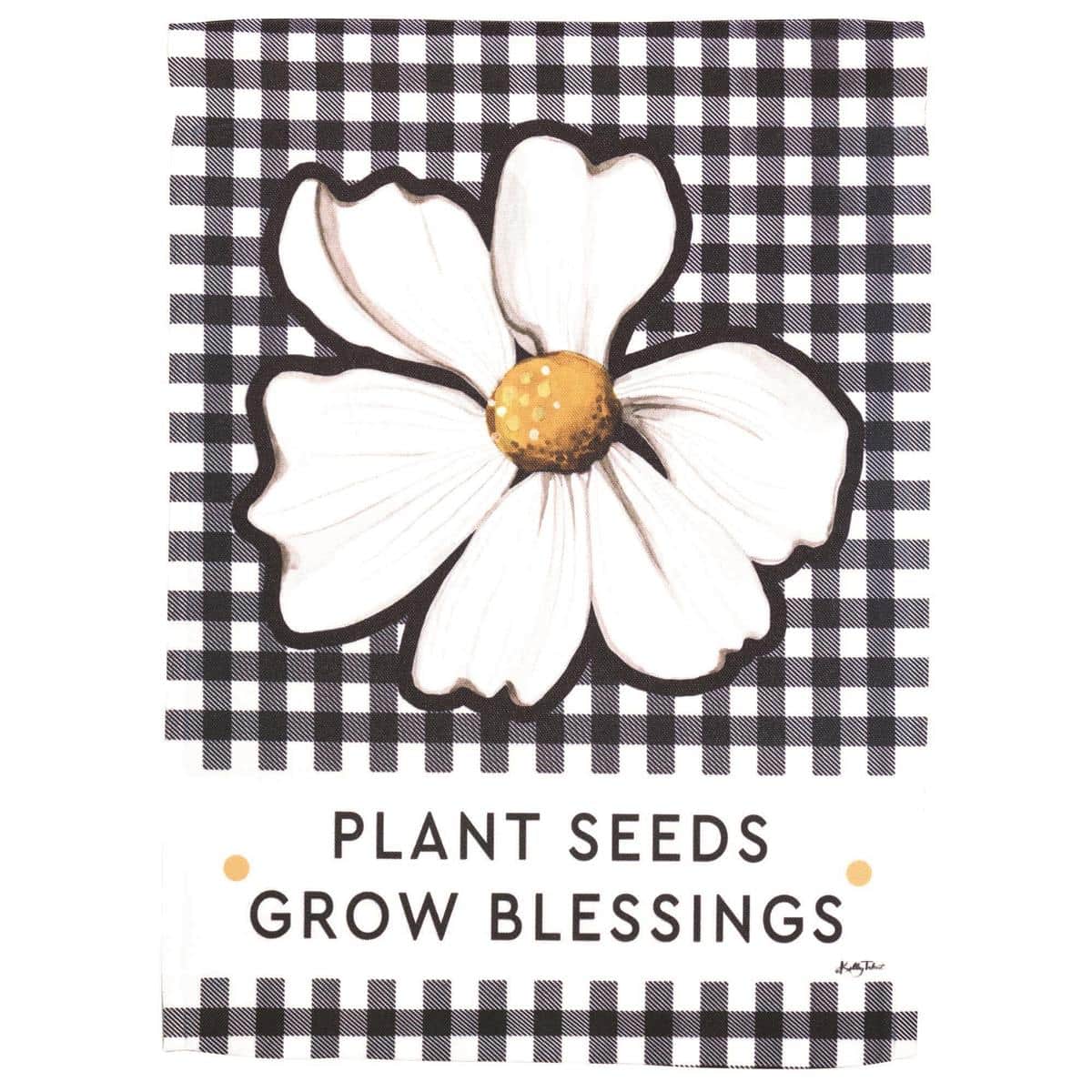 Garden flag 13x18 with printed colorful flowers and the phrase "Plant Seeds Grow Blessings" displayed on a black metal shepherd hook beside blooming planters, showing the flag hung from a sewn pole sleeve and fluttering gently in a sunlit garden.