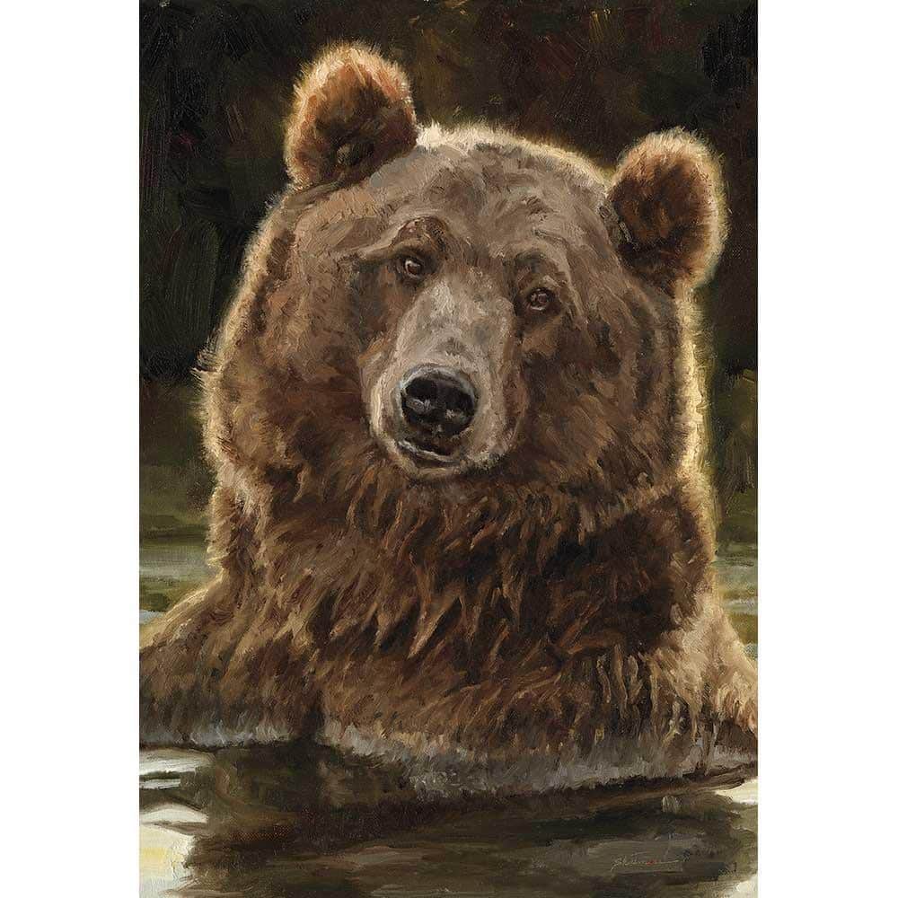 Playful Bear 30x44 printed banner flag displayed on a porch pole showing a smiling brown bear among trees and flowers, bright colorful print on durable fabric.