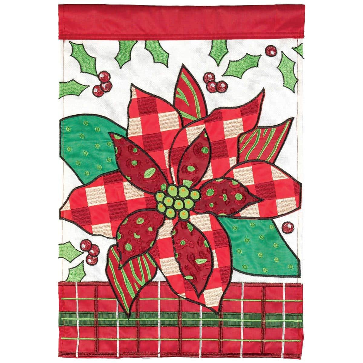 Red poinsettia holiday banner flag 29x42 double applique design showing layered red blooms and green foliage on textured fabric for outdoor porch and garden display.