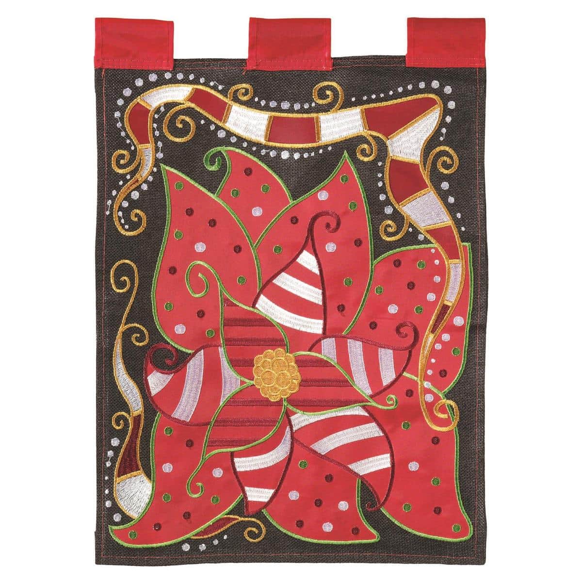 Large Christmas house flag with red poinsettias on burlap, double applique construction, 29 x 42 inches, displayed on a front porch banner pole.