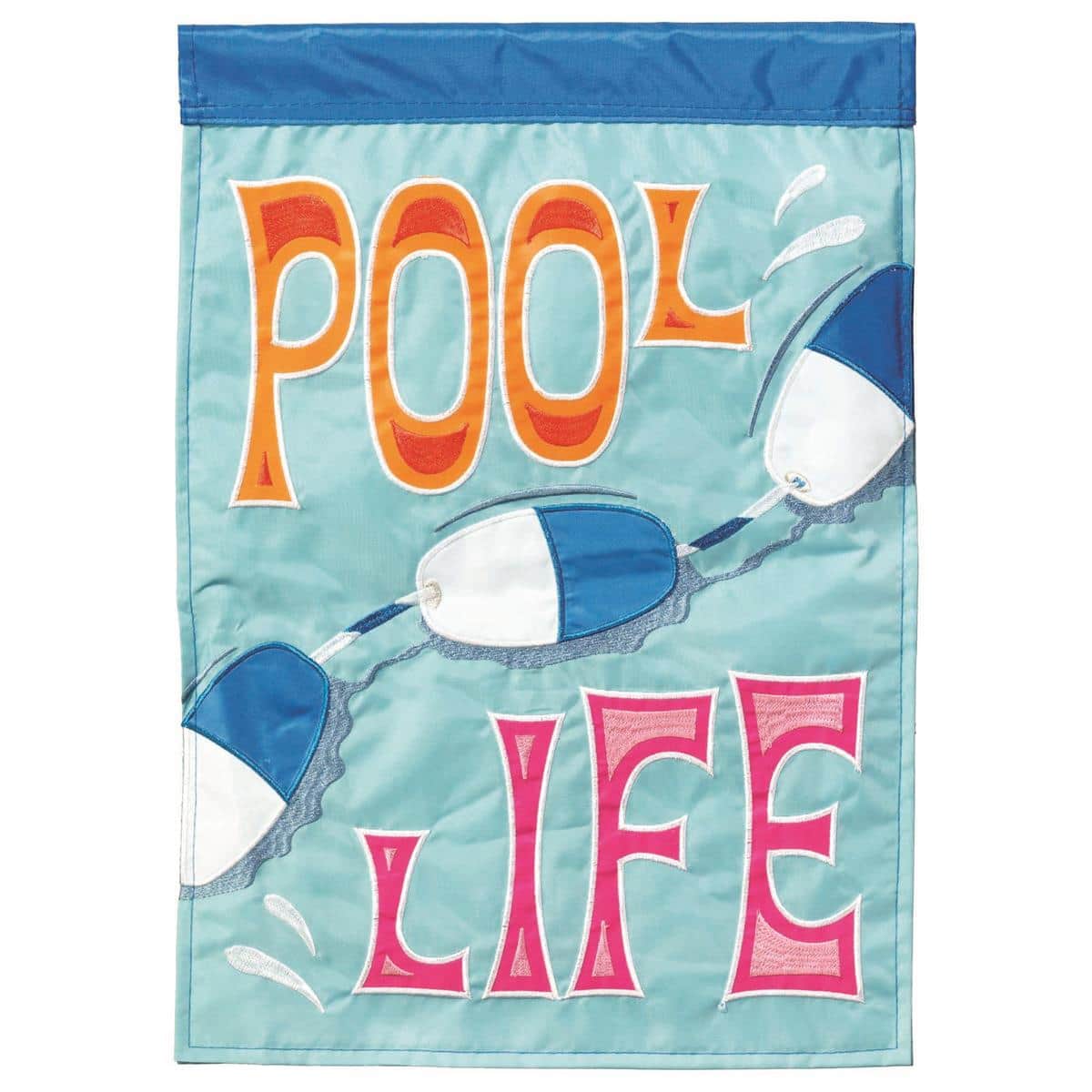 Waterfront style Pool Life garden flag in 13x18 size with layered double applique stitching, bright pool-blue palette, and sleeve header for standard garden flag stands.