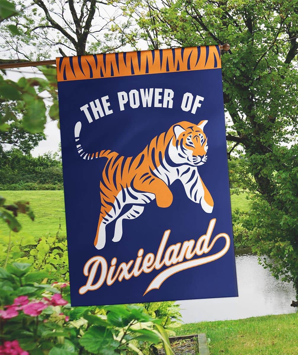 Close-up of Power Of Dixieland 29x42 double applique banner flag showing layered stitching, textured fabrics, and bold Southern-themed lettering designed for outdoor display.