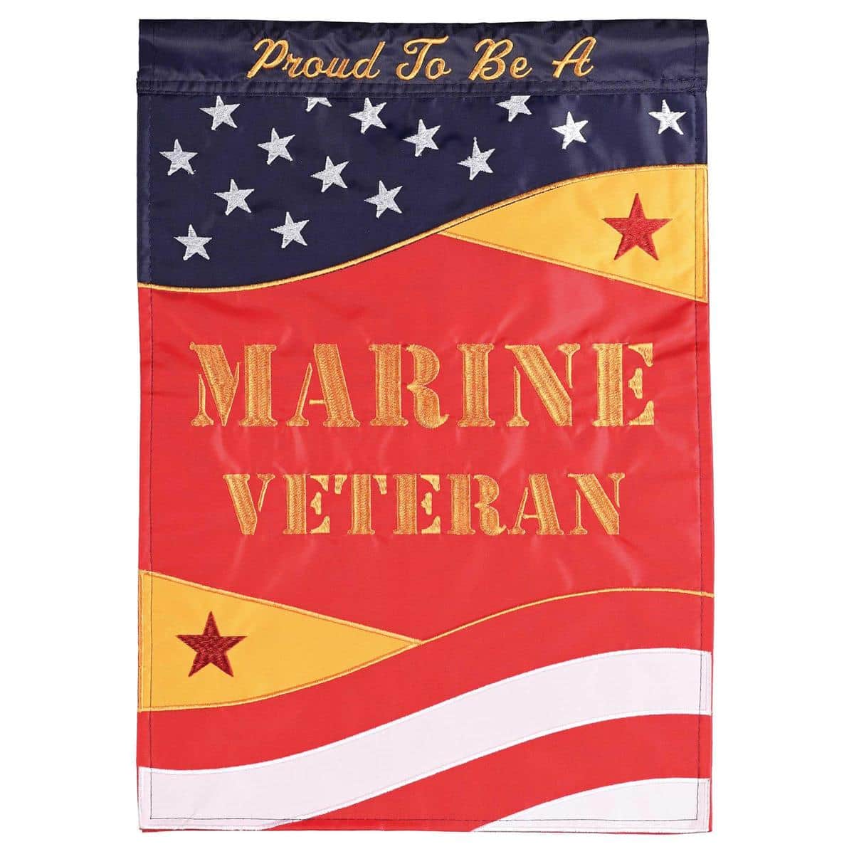 13x18 Proud To Be A Marine Veteran garden flag double applique with Marine Corps emblem on dark background displayed on a garden flag pole in a residential garden setting.