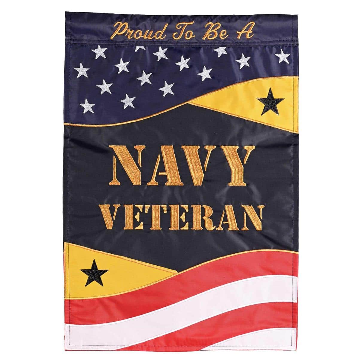 13x18 Proud To Be A Navy Veteran garden flag with double applique military emblem in navy and gold, embroidered details, reinforced sleeve and hems, shown mounted on a garden flag stand for porch or memorial display.