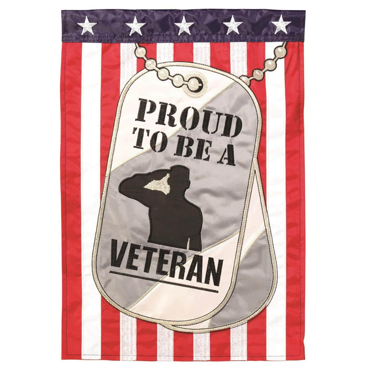 13x18 Proud To Be A Veteran garden flag with double applique military emblem and embroidered accents displayed on a metal garden flag stand in a landscaped yard.