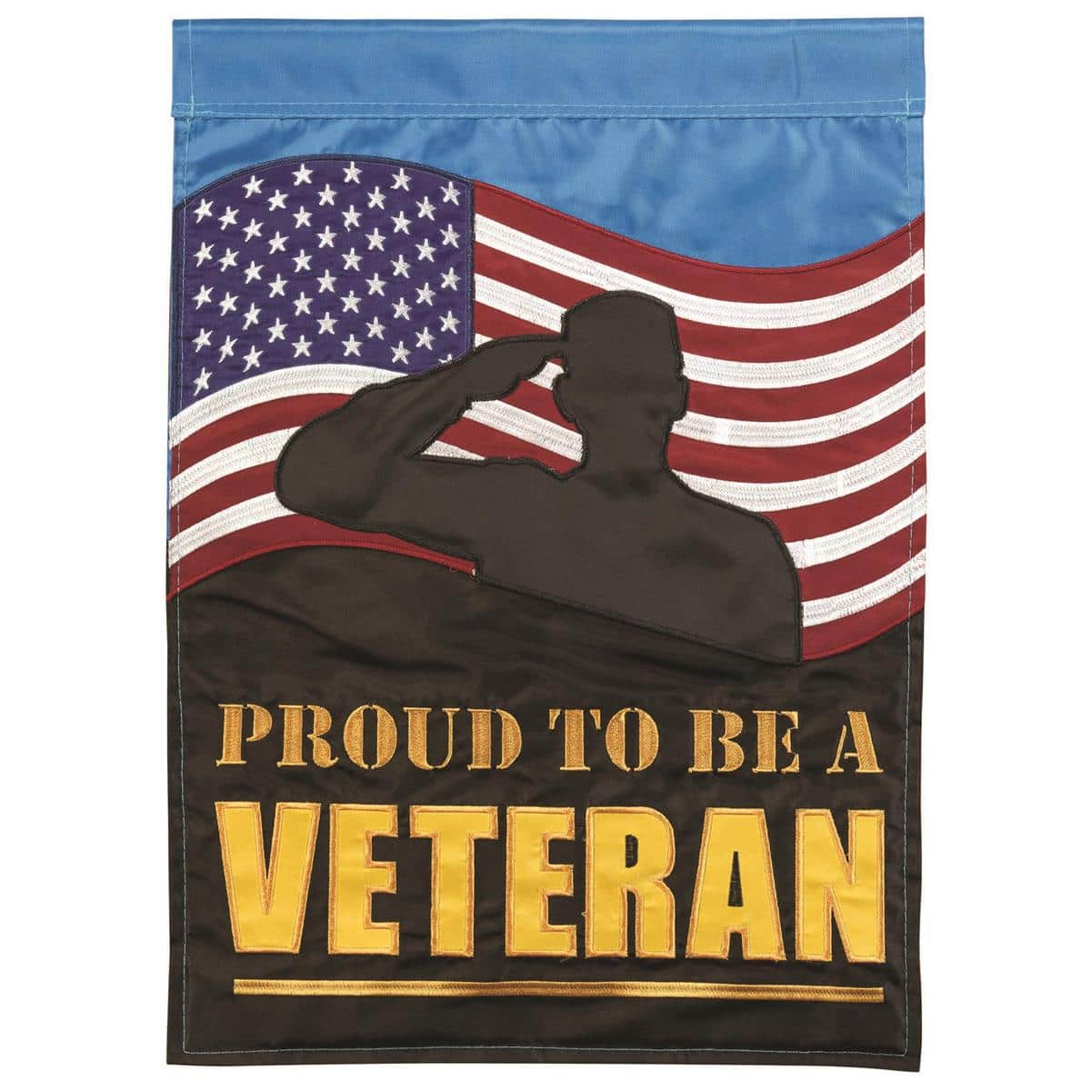 13x18 double applique military style garden flag with Proud To Be A Veteran salute message, stitched accents, and sleeve mounted on a black yard stand