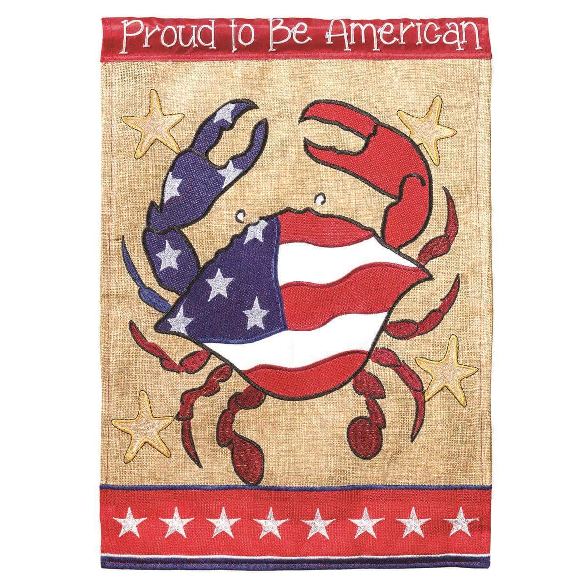 Proud To Be American Crab Garden Flag with double-thickness design, intricate applique stitching, and durable nylon construction for patriotic outdoor décor.
