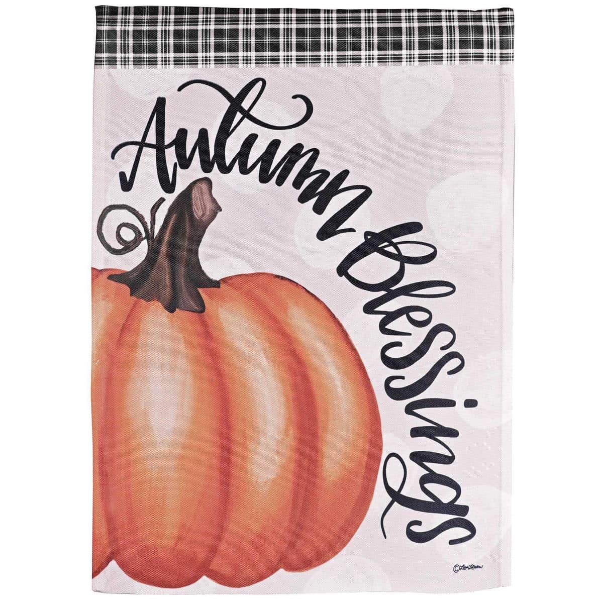Outdoor printed Pumpkin Autumn Blessings flag featuring pumpkins, autumn leaves, rustic script reading 'Autumn Blessings', shown on a porch flagpole with fall decor accents.