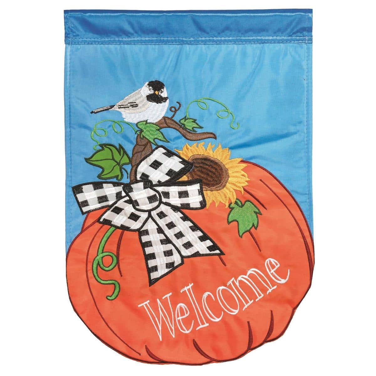 13x18 Pumpkin Chickadee garden flag featuring a chickadee perched on a pumpkin with layered applique detail and autumn leaves, ideal for small porch or garden display