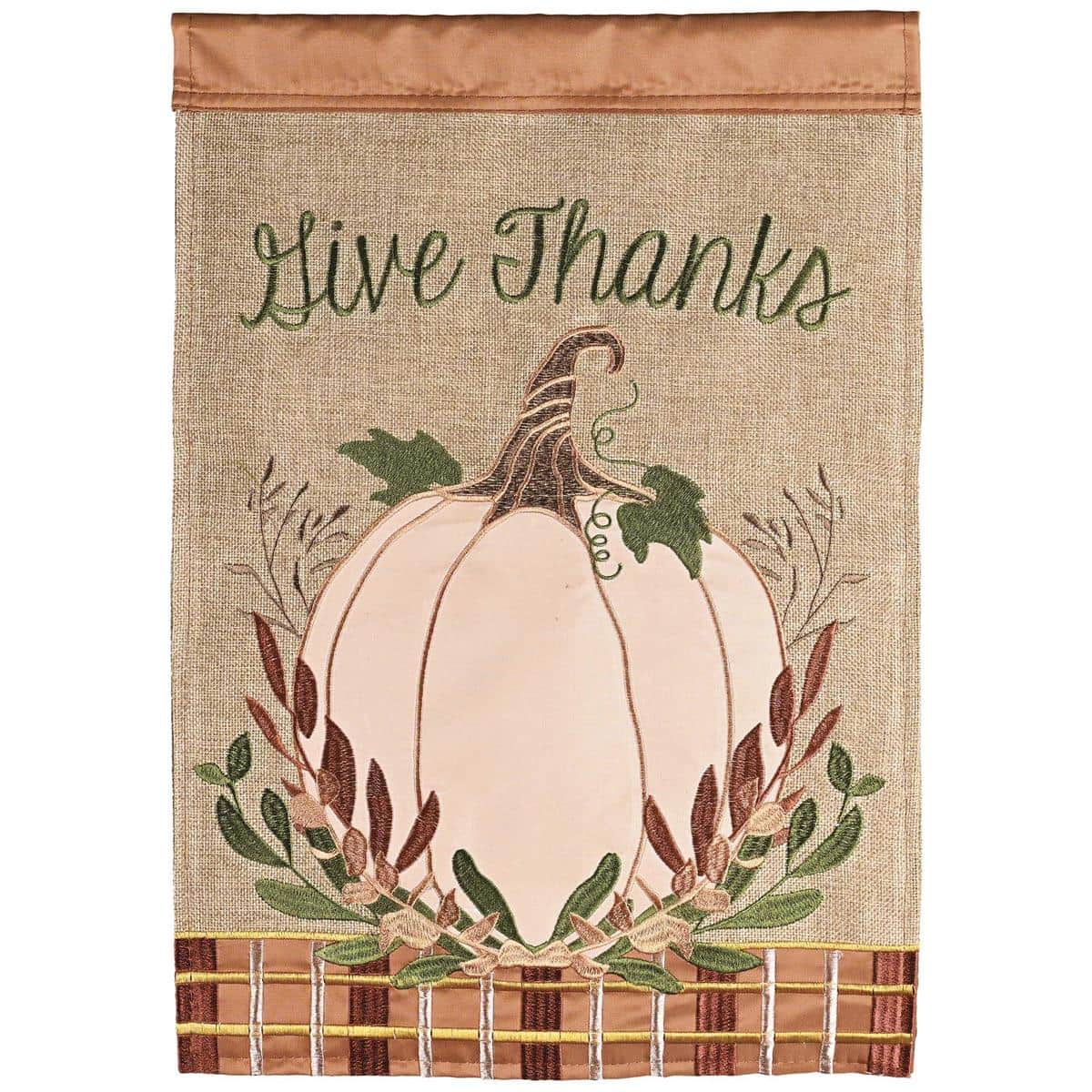 13x18 Pumpkin Give Thanks garden flag with stacked pumpkins, autumn leaves, and scripted "Give Thanks" lettering on textured double-applique fabric for fall porch display.