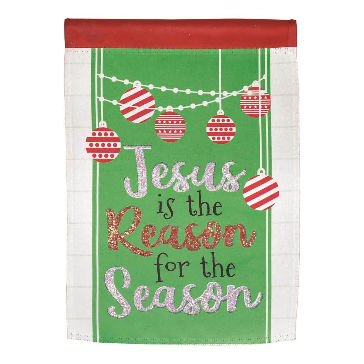 13x18 Reason For The Season printed garden flag with glitter accents, Christmas message in elegant type, shown mounted on a standard garden flag pole near a lit porch and seasonal greenery.