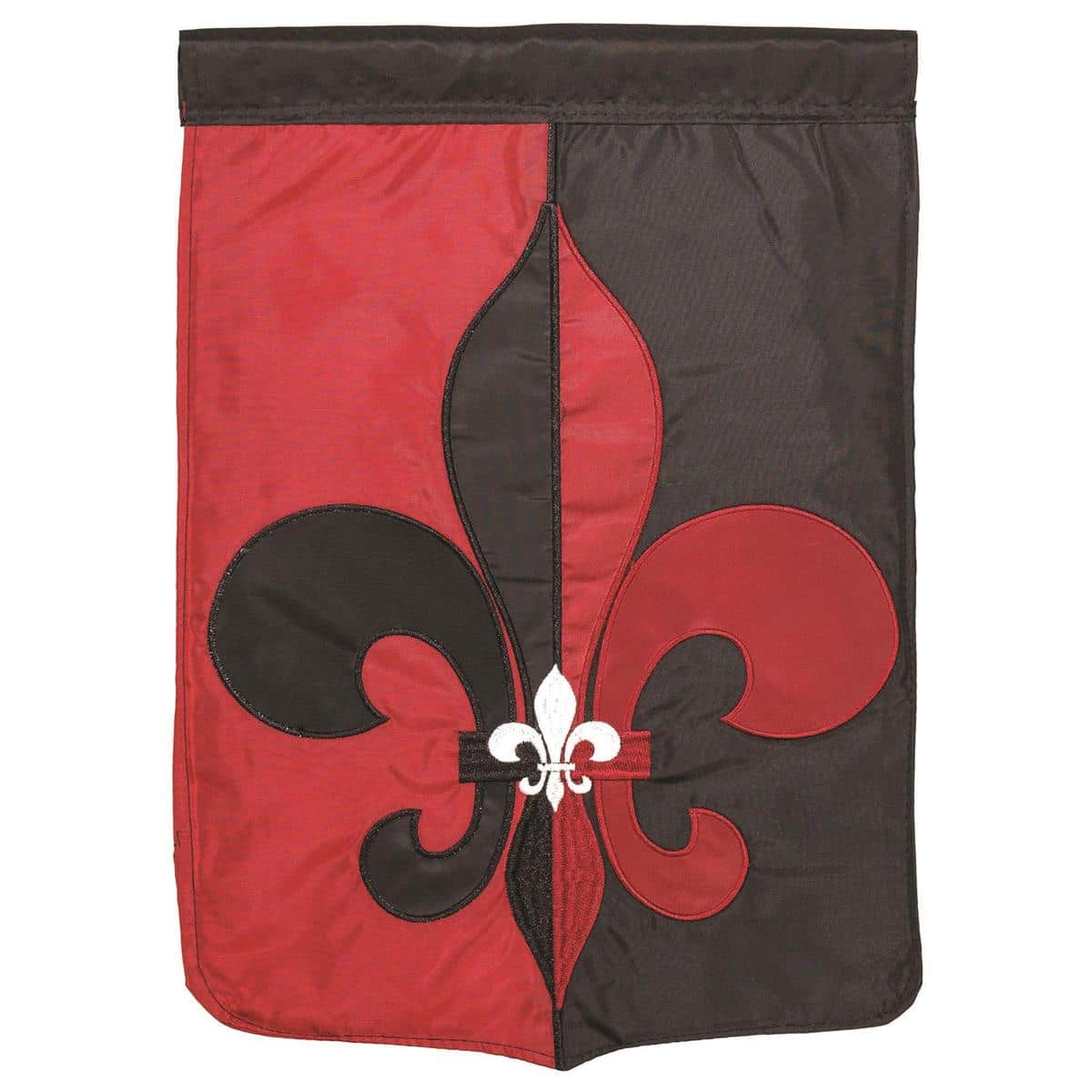 Red and black fleur-de-lis 13x18 garden flag on a stand by a front path, BBB style accent adding bold contrast and refined charm to outdoor decor