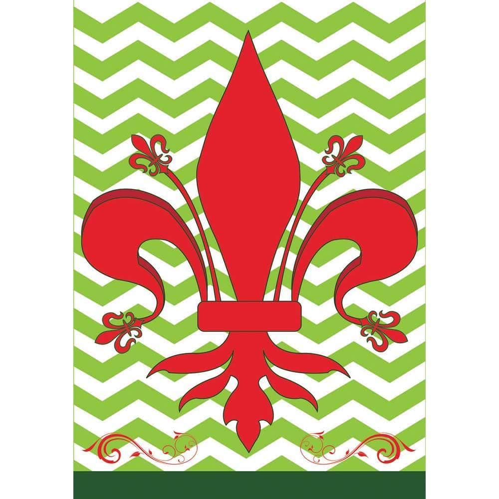 Red and green chevron banner flag 29x42 double applique displayed on front porch pole showing stitched layers, reinforced sleeve, and textured fabric detail.