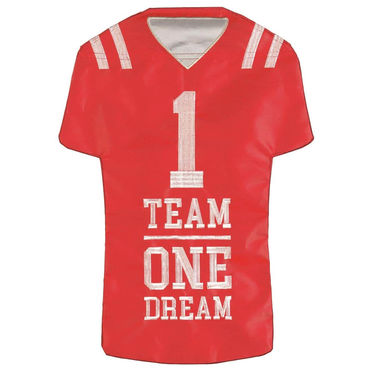 Red and white football jersey themed 13x18 double applique garden flag on a metal stand, durable yard decor for sports fans and game-day entrances.