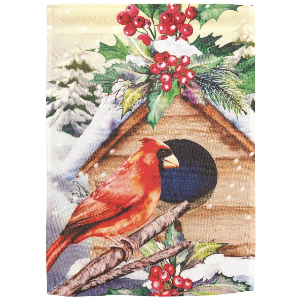 Redbird winter birdhouse banner flag 30x44 showing a bright cardinal perched beside a snowy birdhouse with a soft blue winter sky background for outdoor porch display