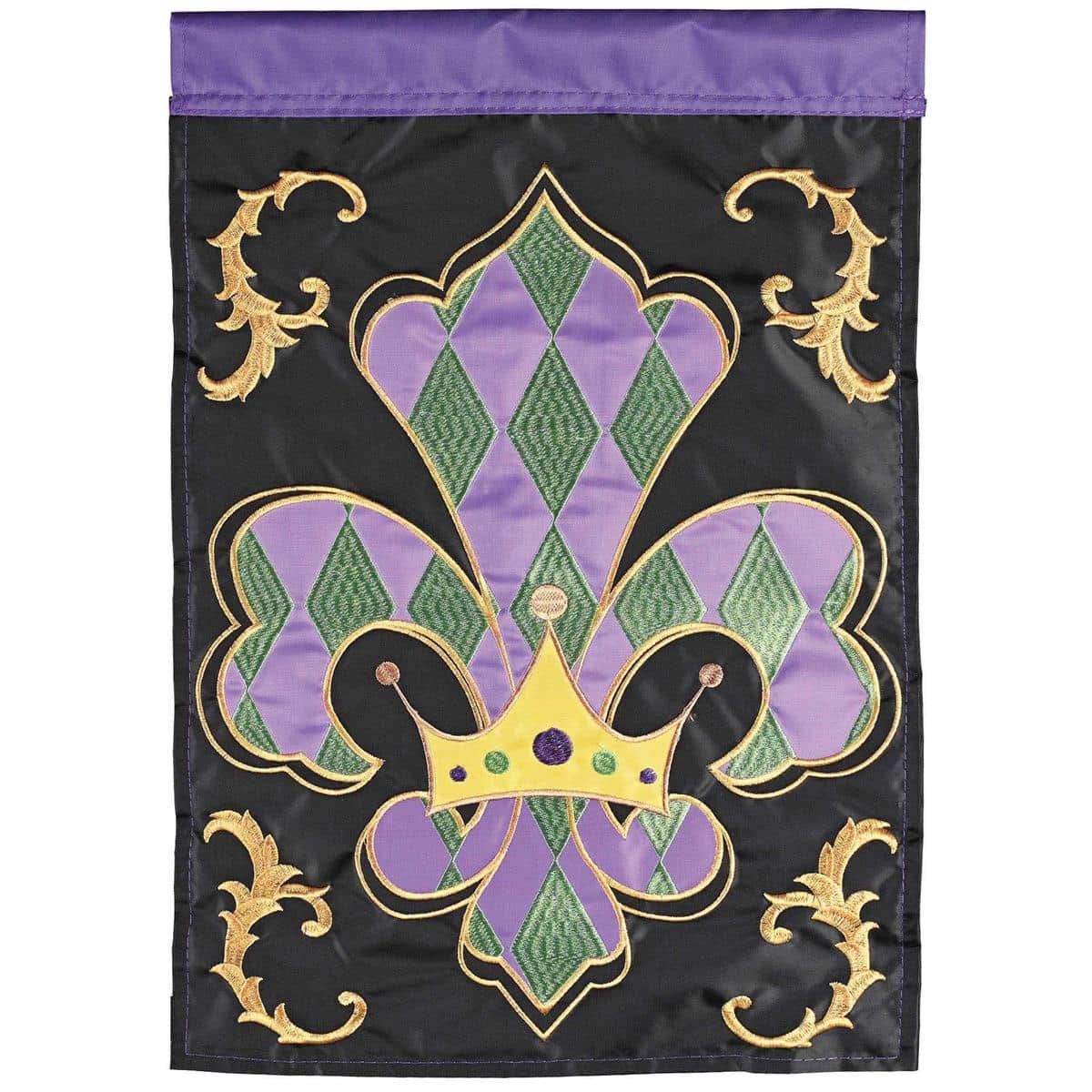 Close-up of Regal Fleur De Lis 13x18 double applique garden flag in LA Mardi Gras style, purple, green, and gold emblem on sturdy outdoor fabric.