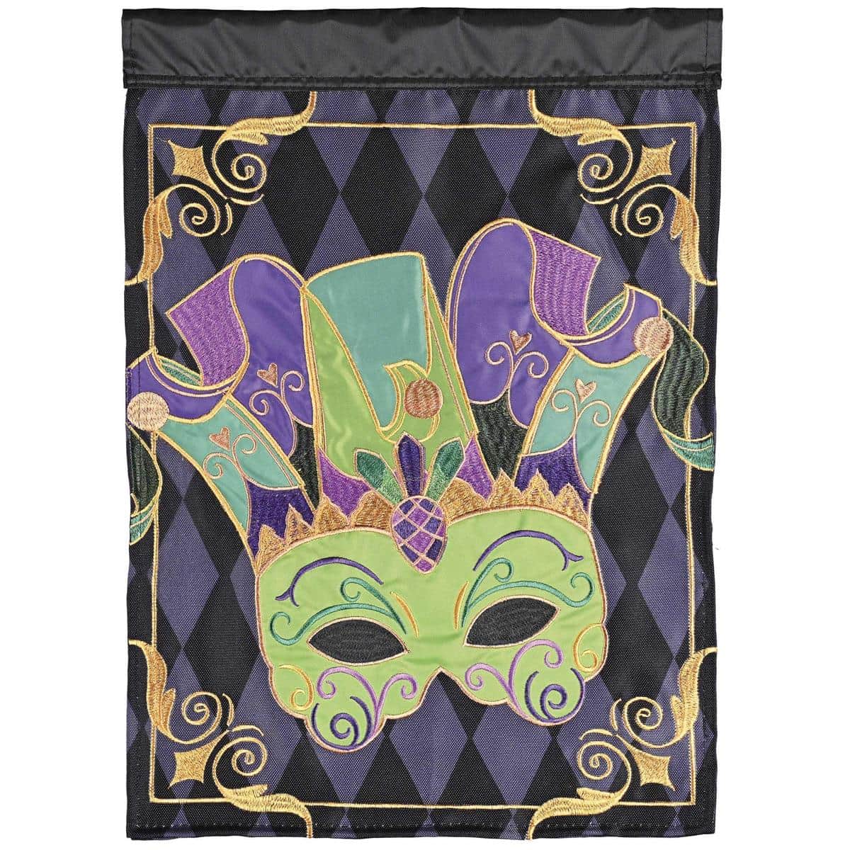 Purple green gold Mardi Gras mask garden flag double applique 13x18 LA-MardiGras style displayed on a standard garden pole for festive yard and porch decoration