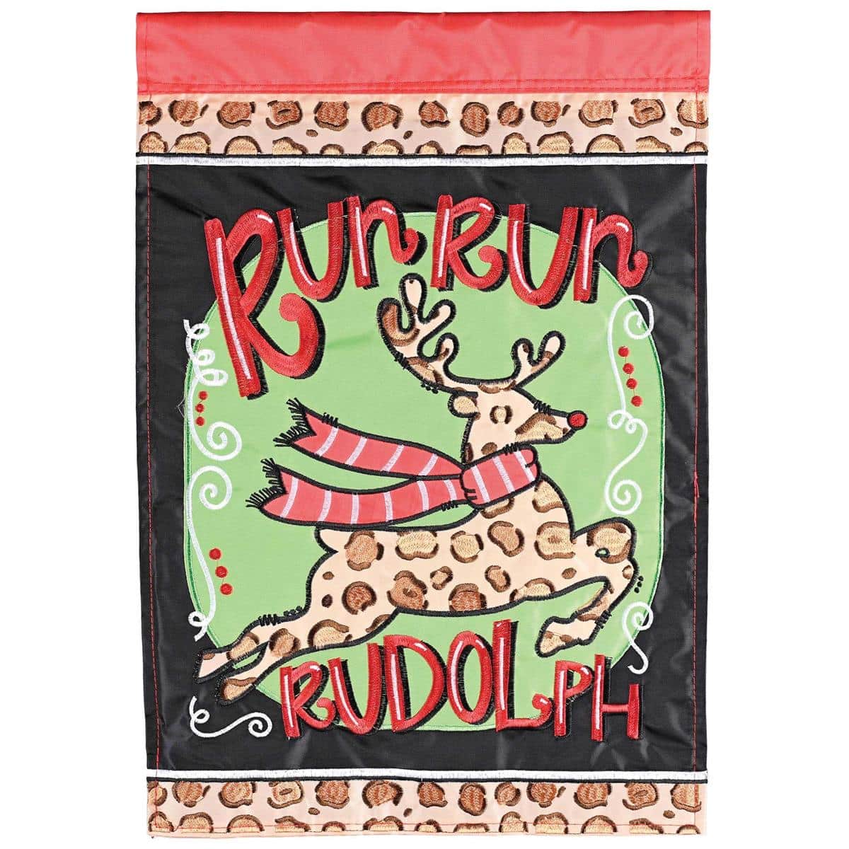 13x18 double applique Christmas garden flag featuring a running red nosed reindeer, layered stitching, two sided design, and bright holiday colors on a yard stand