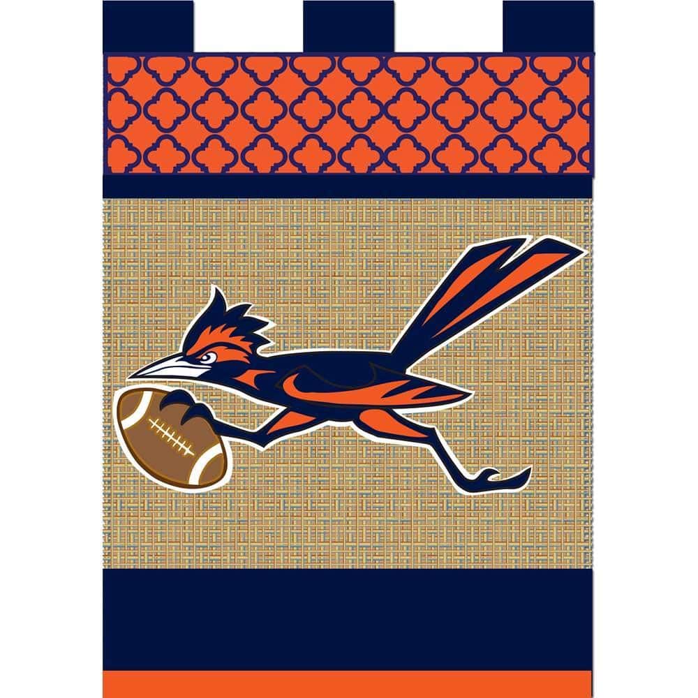 13x18 double applique roadrunner garden flag with Southwest desert accents, two-sided and fade resistant on weather-ready fabric, shown on a garden stand