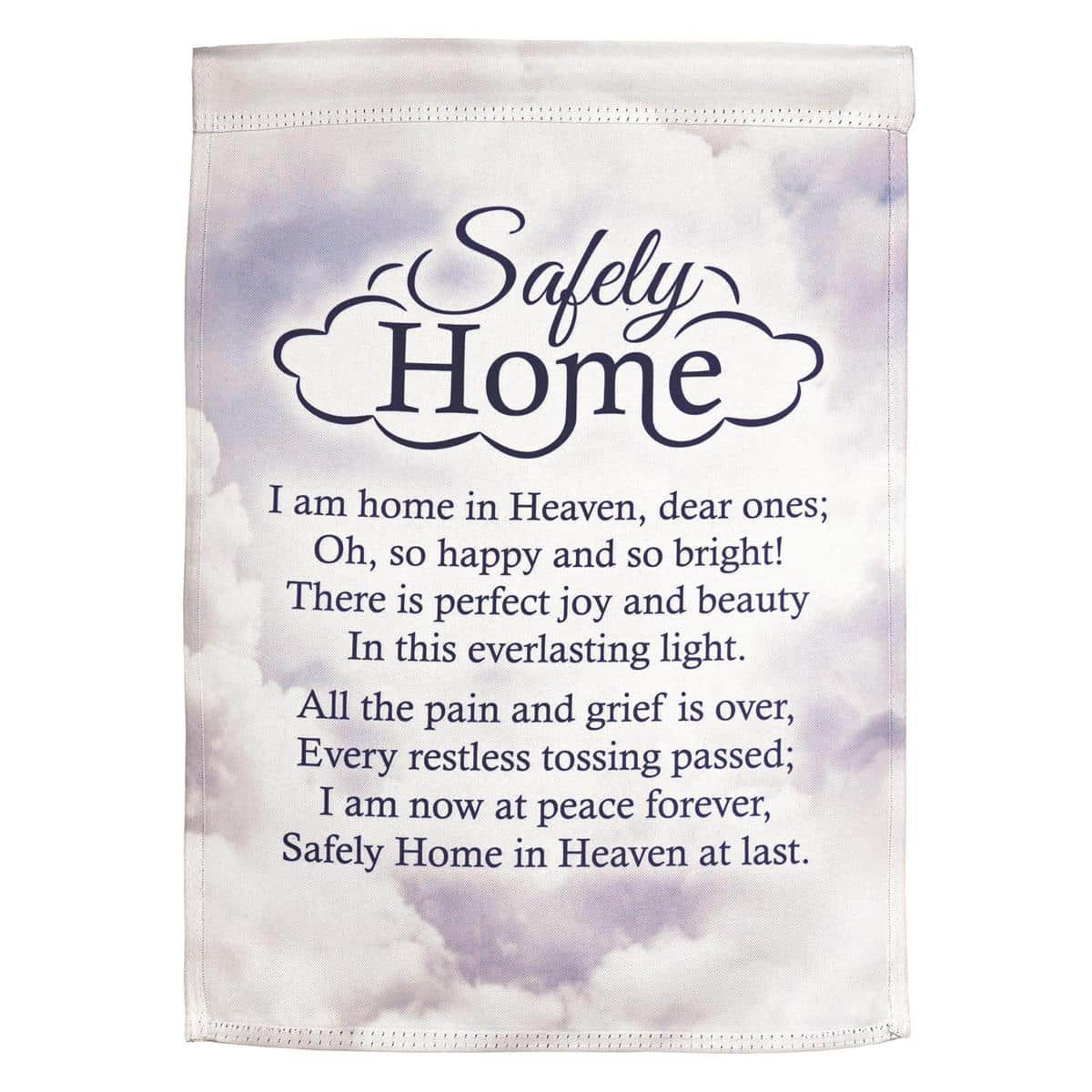 Safely Home 13x18 printed garden flag with inspirational script displayed on a standard metal garden flag stand near a front porch entry, neutral tones and durable finish
