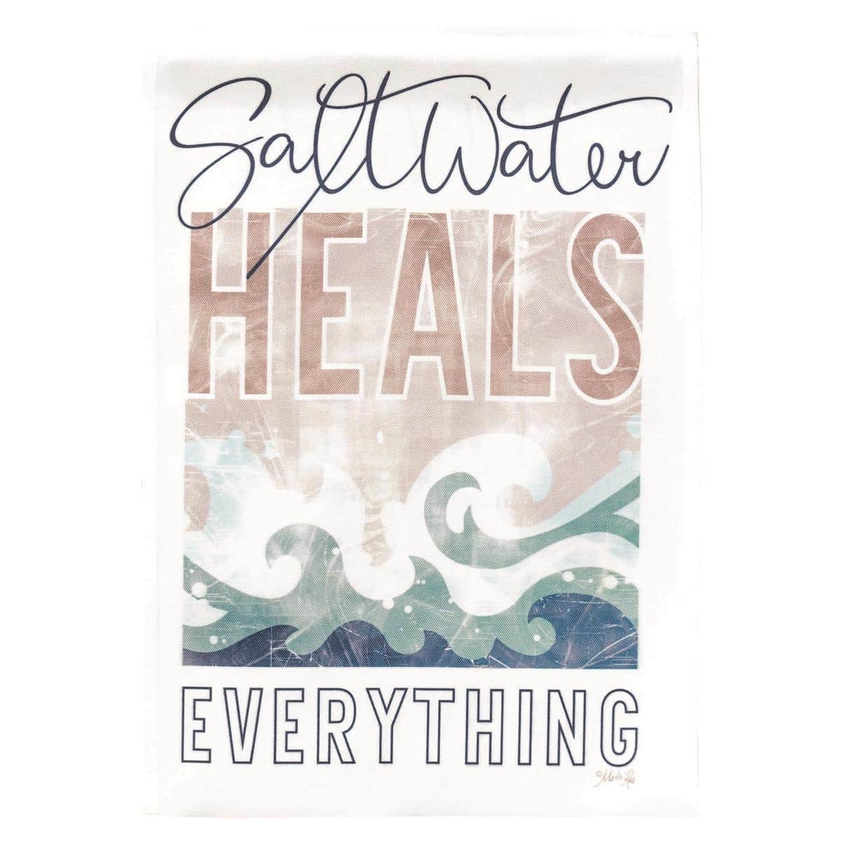 30x44 Saltwater Heals Everything waterfront banner flag flying on a porch pole in front of a coastal home, showing blue wave graphics, sandy accents, and bold uplifting typographic message.
