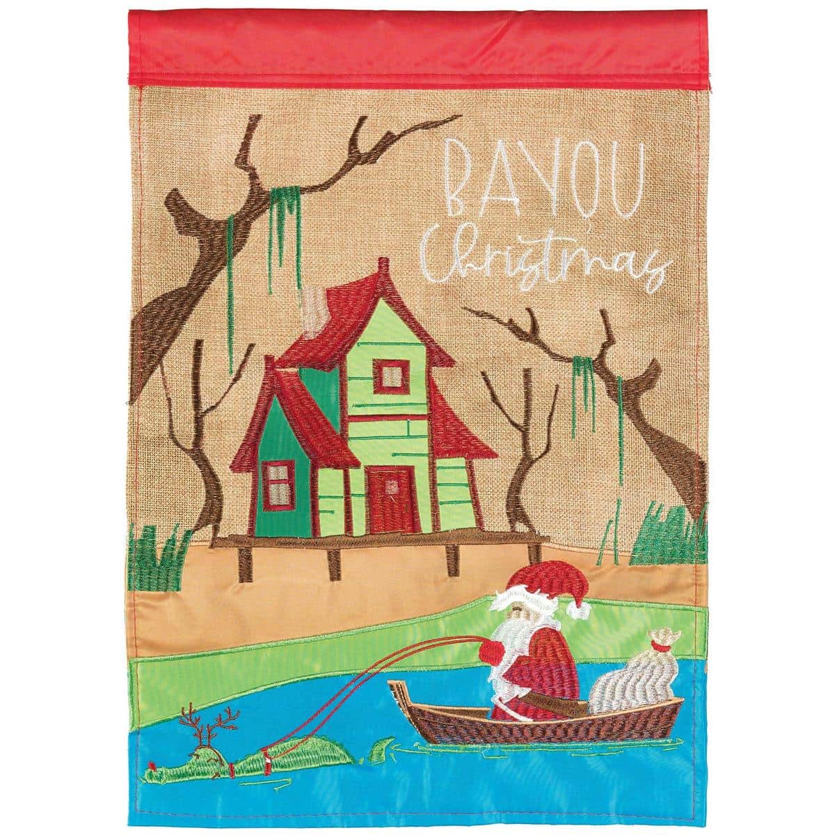 Santa Bayou Christmas 29x42 double applique outdoor banner flag showcasing a festive bayou-inspired Santa with detailed stitching, displayed on a porch banner pole